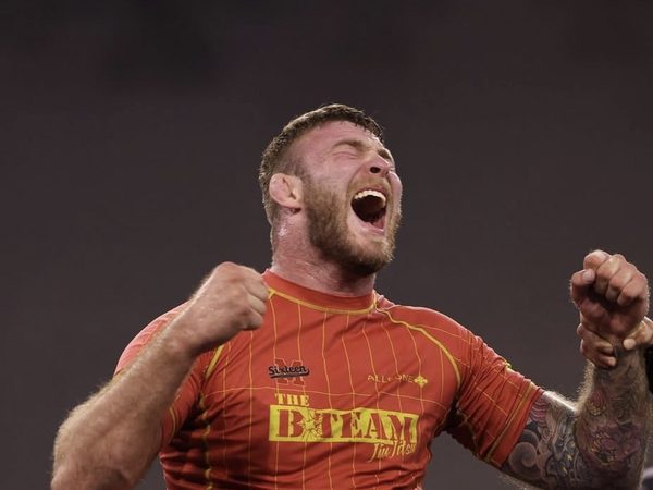 Declan Moody roaring with his fists up after a match